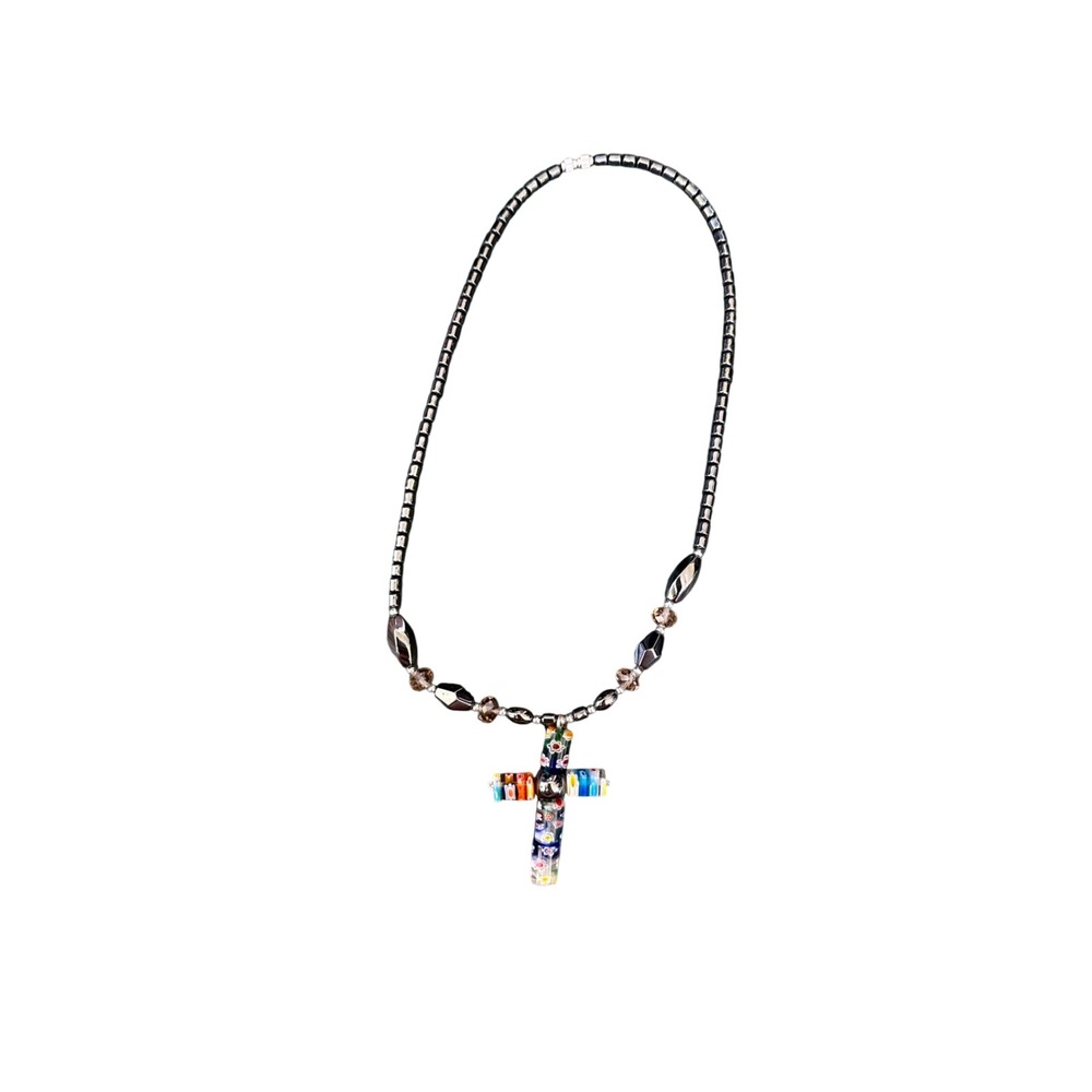 Millefiori Glass Cross Pendant Necklace Hematite Beaded Magnetic Clasp 18 Inch